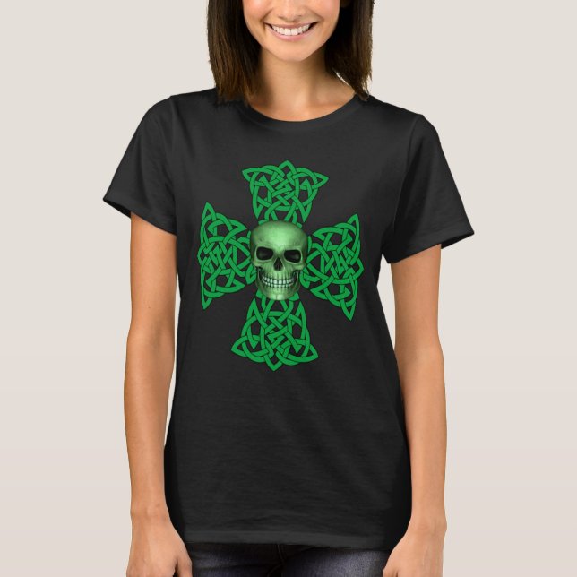 Celtic Cross And Green Skull Irish Pride T-Shirt (Front)