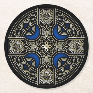 Celtic cross blue colour round paper coaster