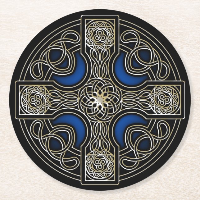 Celtic cross blue colour round paper coaster (Front)