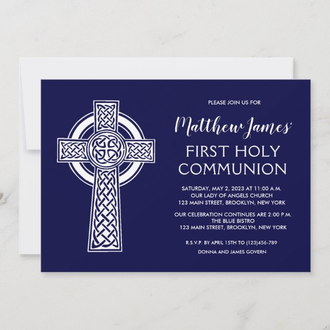 Celtic Cross First Communion Invitation for Boys (Front)