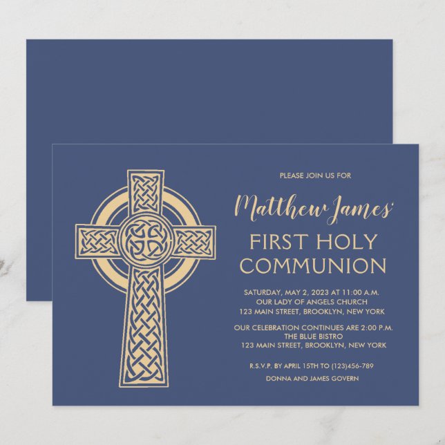 Celtic Cross First Communion Invitation for Boys (Front/Back)