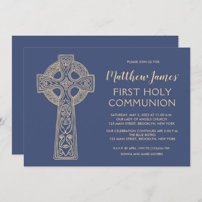 Celtic Cross First Communion Invitation for Boys (Front/Back)