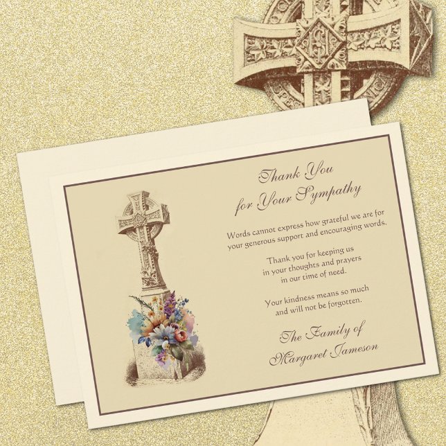Celtic Cross Floral Funeral Condolence Sympathy Thank You Card (Celtic Cross with Flowers Funeral Thank You Cards)