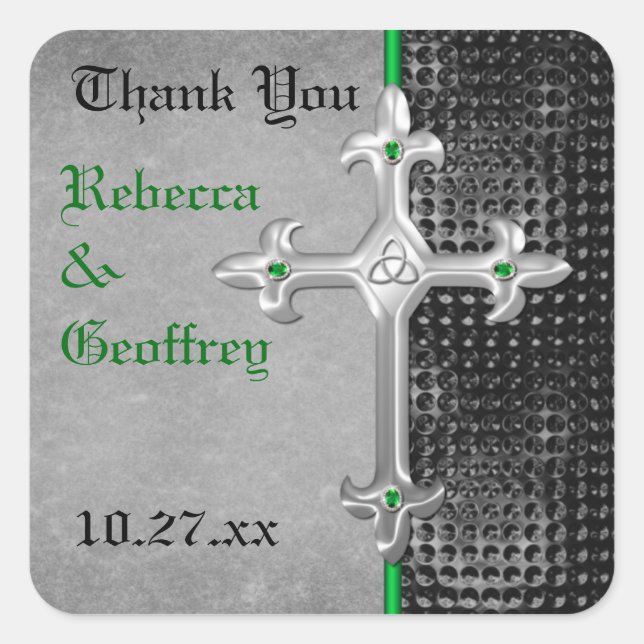 Celtic Cross Green, Black, Wedding Favour Sticker (Front)
