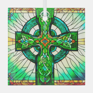 Celtic Cross Green Stained Glass Suncatcher  Ornament