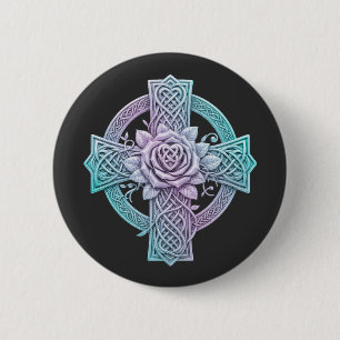 Celtic cross, pastel colors, rose in the center 2 inch round button