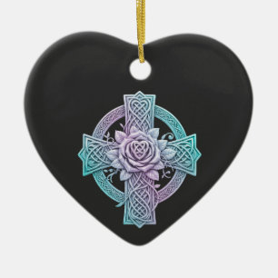 Celtic cross, pastel colors, rose in the center ceramic ornament
