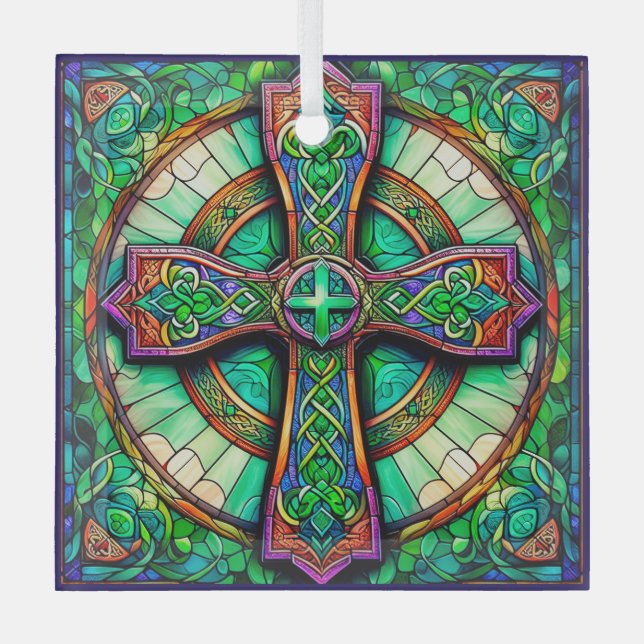 Celtic Cross Style Suncatcher Stained Glass Design Glass Ornament (Front)