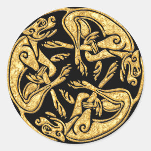 Celtic dogs gold traditional ornament digital art classic round sticker