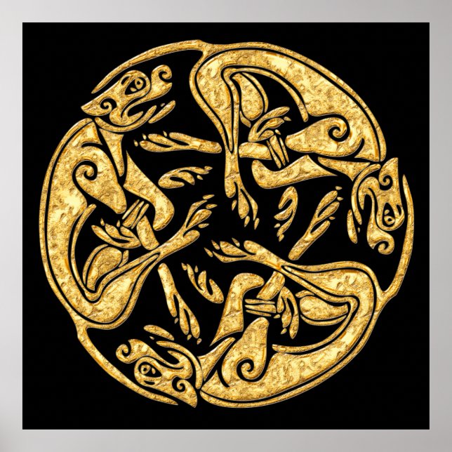 Celtic dogs gold traditional ornament digital art poster (Front)