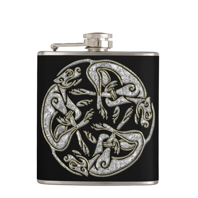 Celtic dogs traditional ornament gold and silver hip flask (Front)