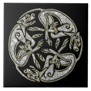 Celtic dogs traditional ornament gold and silver tile