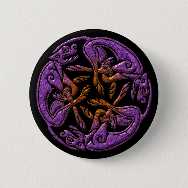 Celtic dogs traditional ornament in purple, orange 2 inch round button (Front)
