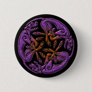 Celtic dogs traditional ornament in purple, orange 2 inch round button