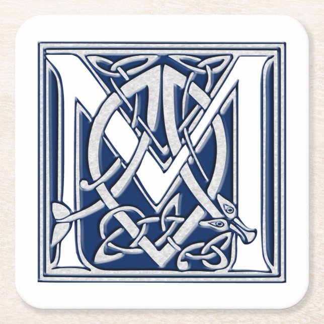 Celtic Dragon Initial M Square Paper Coaster (Front)