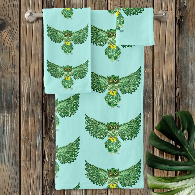 Celtic Flight Owl Green Bath Towel Set (Creator Uploaded)