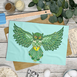 Celtic Flight Owl Green Kitchen Towel