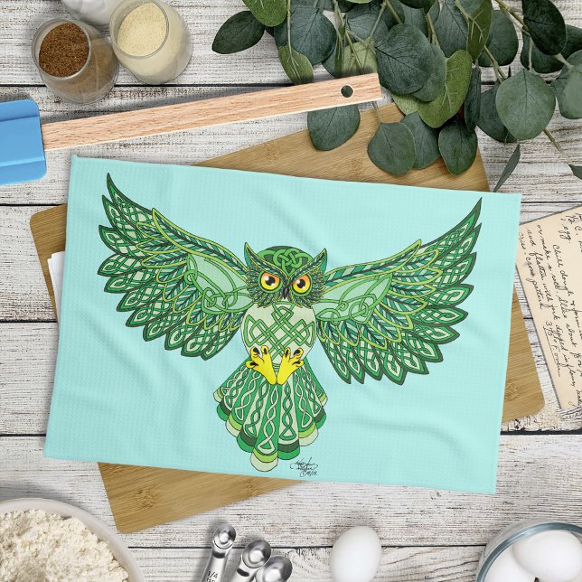 Celtic Flight Owl Green Kitchen Towel (Creator Uploaded)