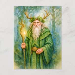 Celtic forest druid with antler crown holiday postcard