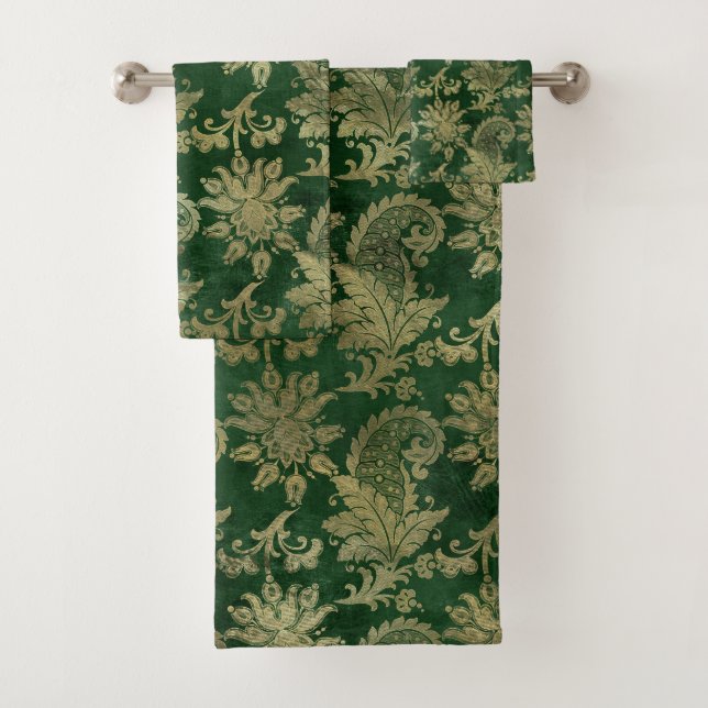 Celtic Green Gold Paisley Floral Pattern Bath Towel Set (Insitu)