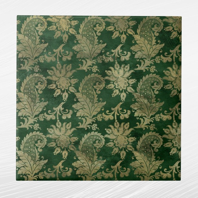 Celtic Green Gold Paisley Floral Pattern Tile (Creator Uploaded)