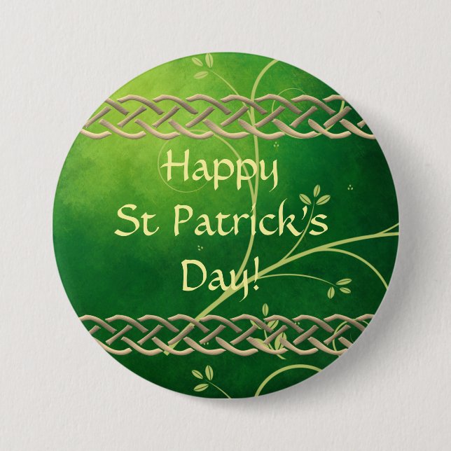 Celtic Green Knots & Leaves 3 Inch Round Button (Front)
