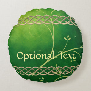Celtic Green Knots & Leaves Round Pillow