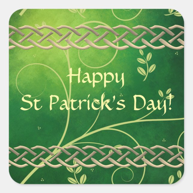 Celtic Green Knots & Leaves Square Sticker (Front)