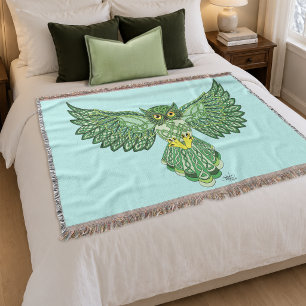 Celtic Green Knotwork Owl Flight Spread Wings Throw Blanket