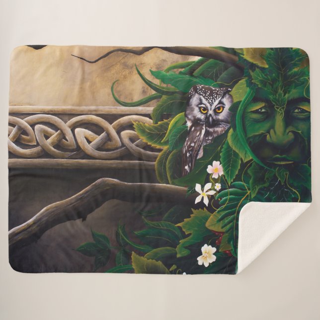 Celtic Green Man Owl Sherpa Blanket (Front (Horizontal))
