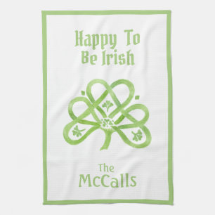 Celtic Green Watercolor Shamrock NAME Kitchen Towel