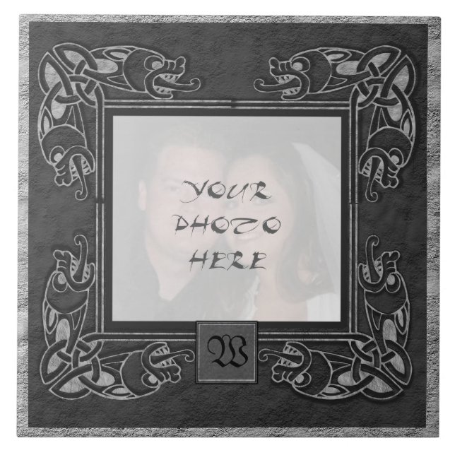 "Celtic Grey Stone" Monogram Photo Frame Tile (Front)