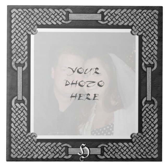 "Celtic Grey Stone" Monogram Photo Frame Tile (Front)