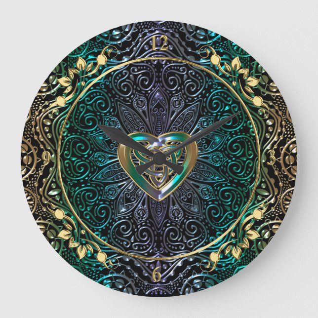 Celtic Heart Mandala In Green and Gold Large Clock (Front)