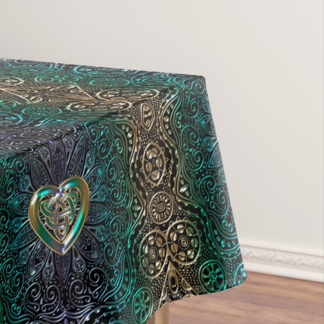 Celtic Heart Mandala In Green and Gold Original Tablecloth (In Situ)
