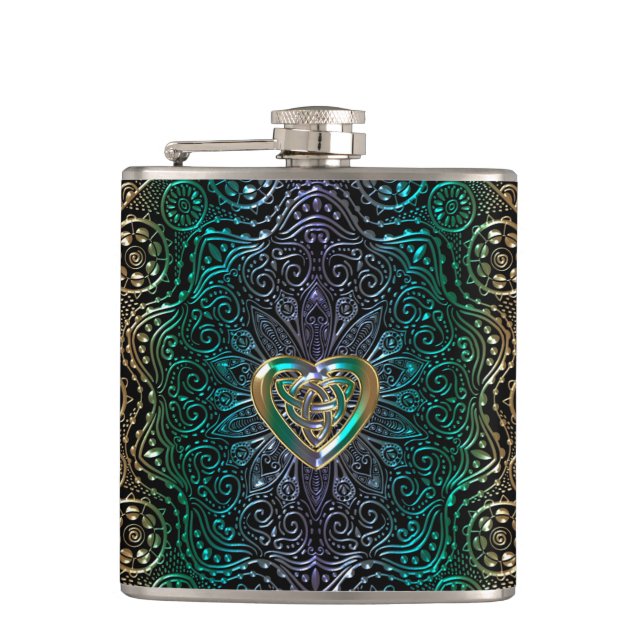 Celtic Heart Mandala In Green Gold Hip Flask (Front)