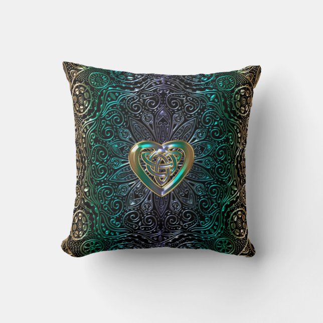 Celtic Heart Mandala In Green Gold Throw Pillow (Front)