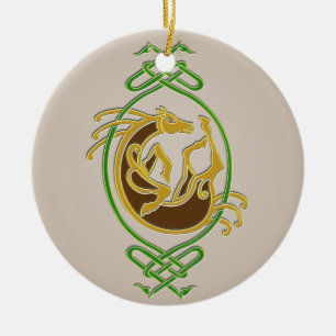 Celtic Horse Knotwork - Green & Gold Ceramic Ornament