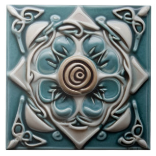 Celtic Inspired Teal Green and White Rose Flower Tile