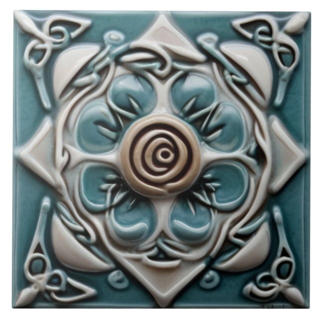 Celtic Inspired Teal Green and White Rose Flower Tile (Front)