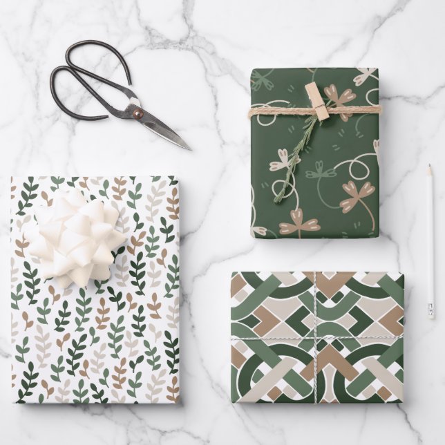 Celtic IRISH leaves and knot green brown beige  Wrapping Paper Sheet (Front)