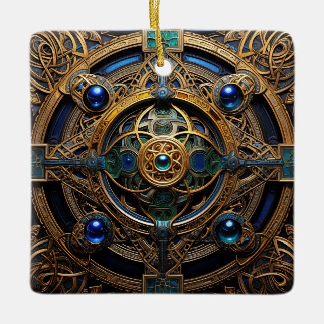 Celtic Knot Blue Gold Knotwork Ceramic Ornament (Front)