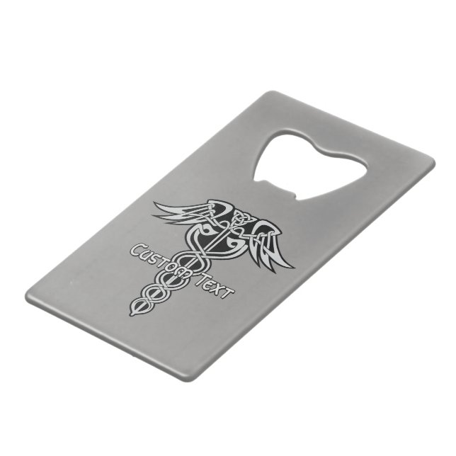 Celtic Knot Caduceus Credit Card Bottle Opener (Front Angled)