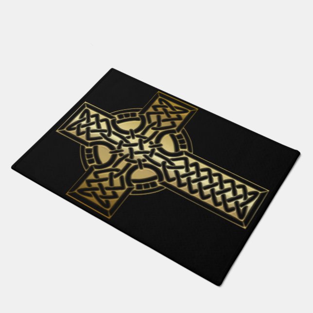 Celtic Knot Cross in Gold and Black Doormat (Angled)