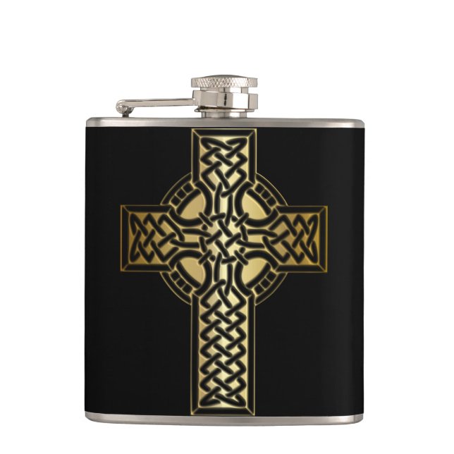 Celtic Knot Cross in Gold and Black Hip Flask (Front)