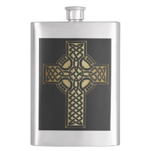 Celtic Knot Cross in Gold and Black Hip Flask