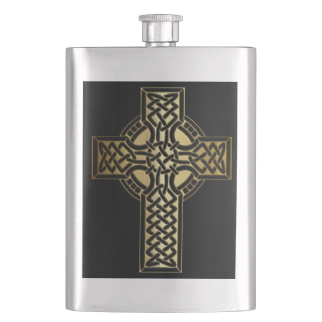Celtic Knot Cross in Gold and Black Hip Flask (Front)