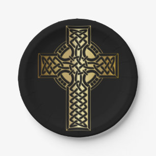 Celtic Knot Cross in Gold and Black Paper Plate