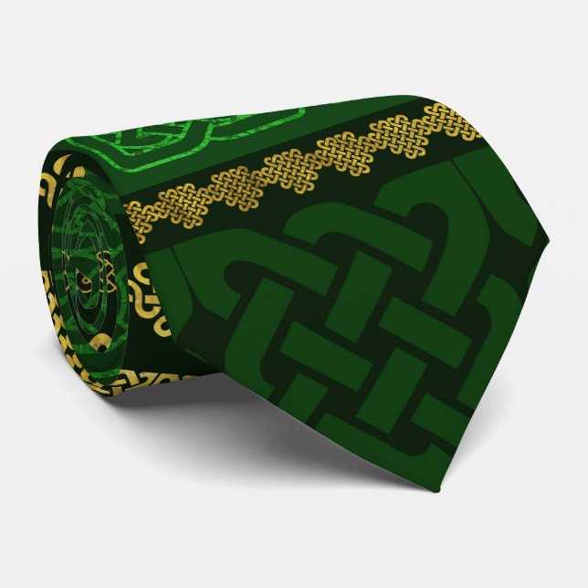 Celtic Knot Decorative Gold and Green pattern Tie (Rolled)