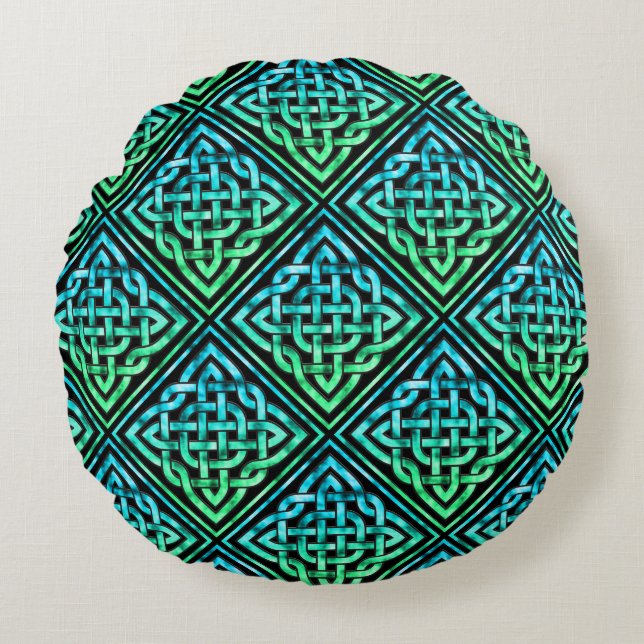 Celtic Knot - Diamond Blue Green Round Pillow (Front)
